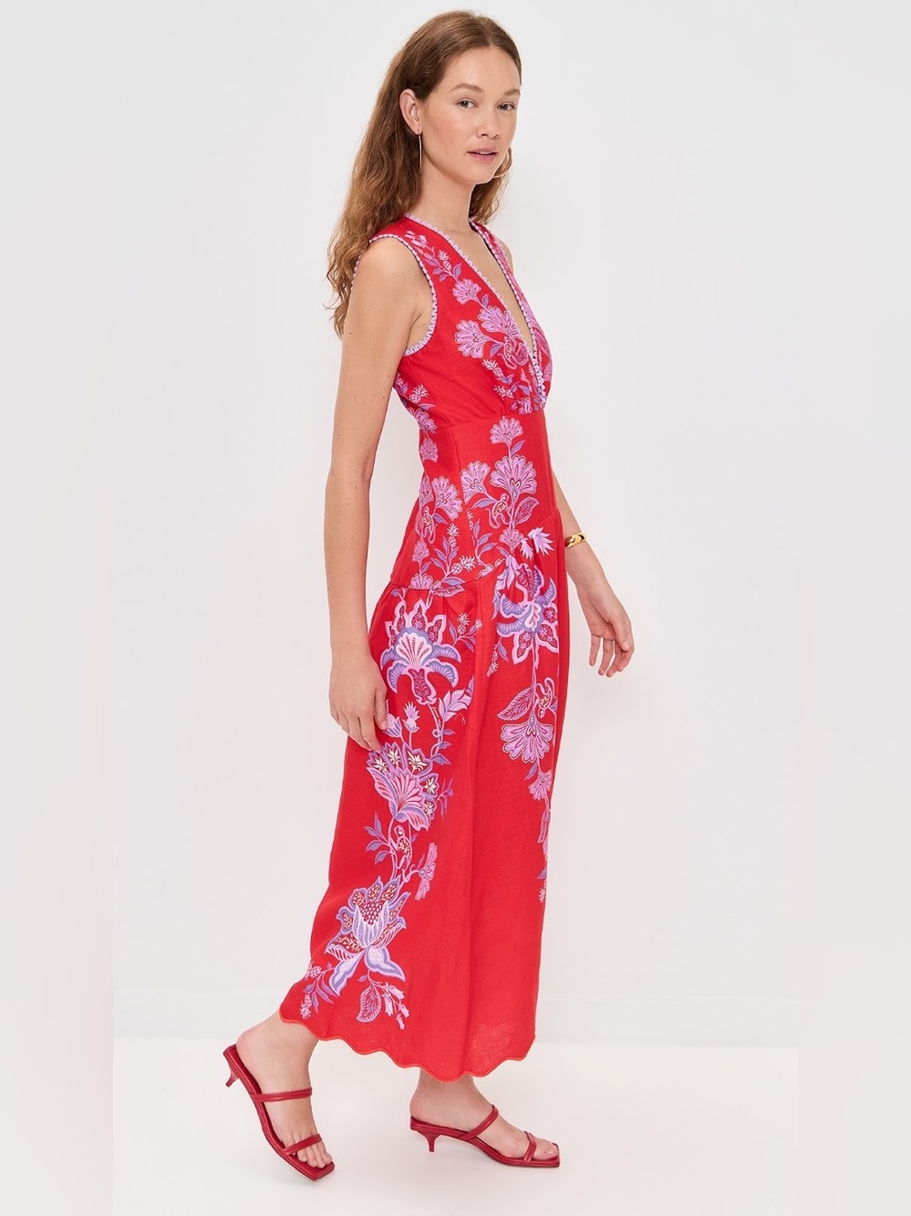NWT Farm Rio Porcelain garden red linen midi dress - Picture 3 of 12